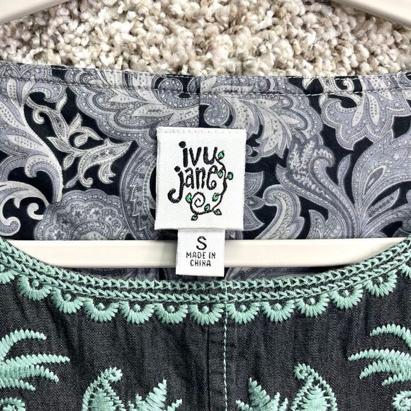 Ivy Jane Dress Women’s Small 100% Cotton Dark Gray and Teal Embroidered Short Sl - Picture 3 of 9